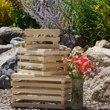 Load image into Gallery viewer, Wooden apple crates stacked in front of the west garden beds at the Rugged Horizon wedding venue. Small crate measures approximately 11" x 9" x 6". Medium crate is approximately 15" x 11" x 8". Large crate is approximately 19" x 12" x 10".