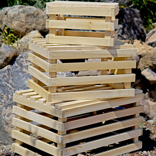 Light wood apple crates. Small, medium, and large crates are included in the set. Use them as risers for your buffet line or dessert table, or as crates to hold cards, wedding favors, or a passel of apples and pumpkins.