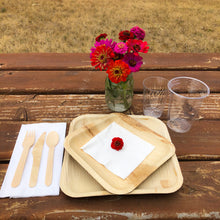 Load image into Gallery viewer, Easy and disposable place settings. Combine paper napkins with wooden utensils, palm leaf plates, and plastic cups.
